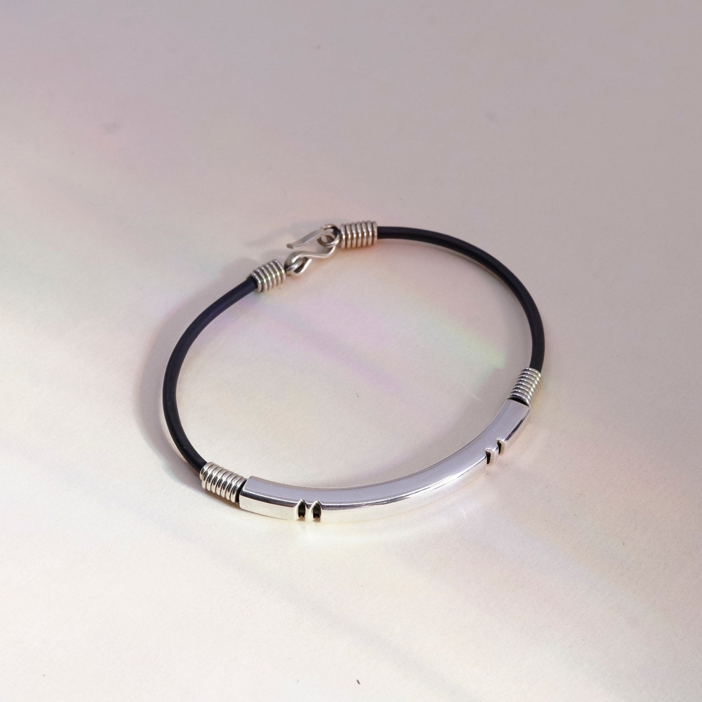 7”, Vintage black rubber chain with sterling 925 silver bar,