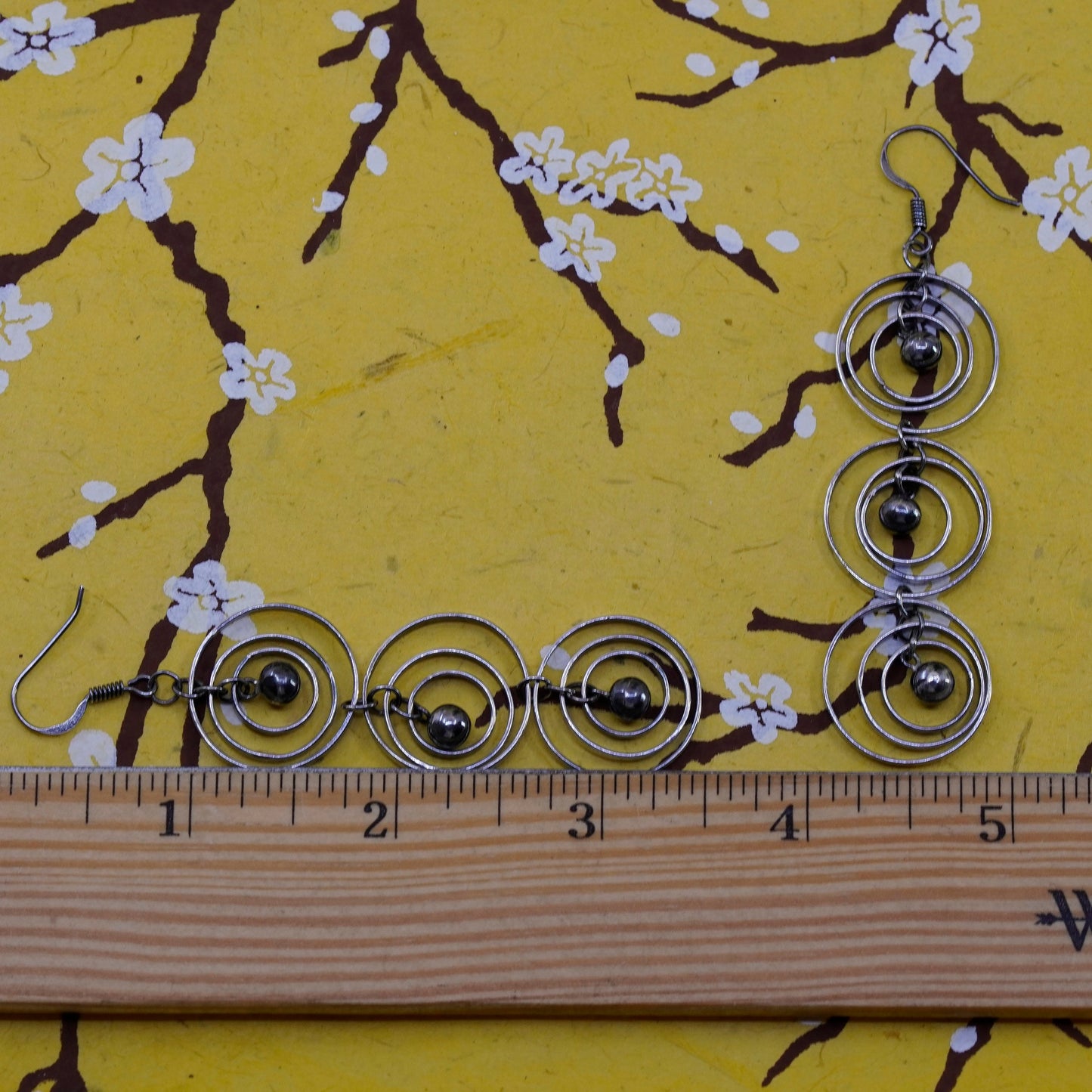 Vintage Sterling silver handmade earrings, 925 long circles dangle with beads