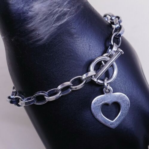 6.25” Vintage Sterling Silver Handmade Bracelet, 925 Silver chain w/ heart charm