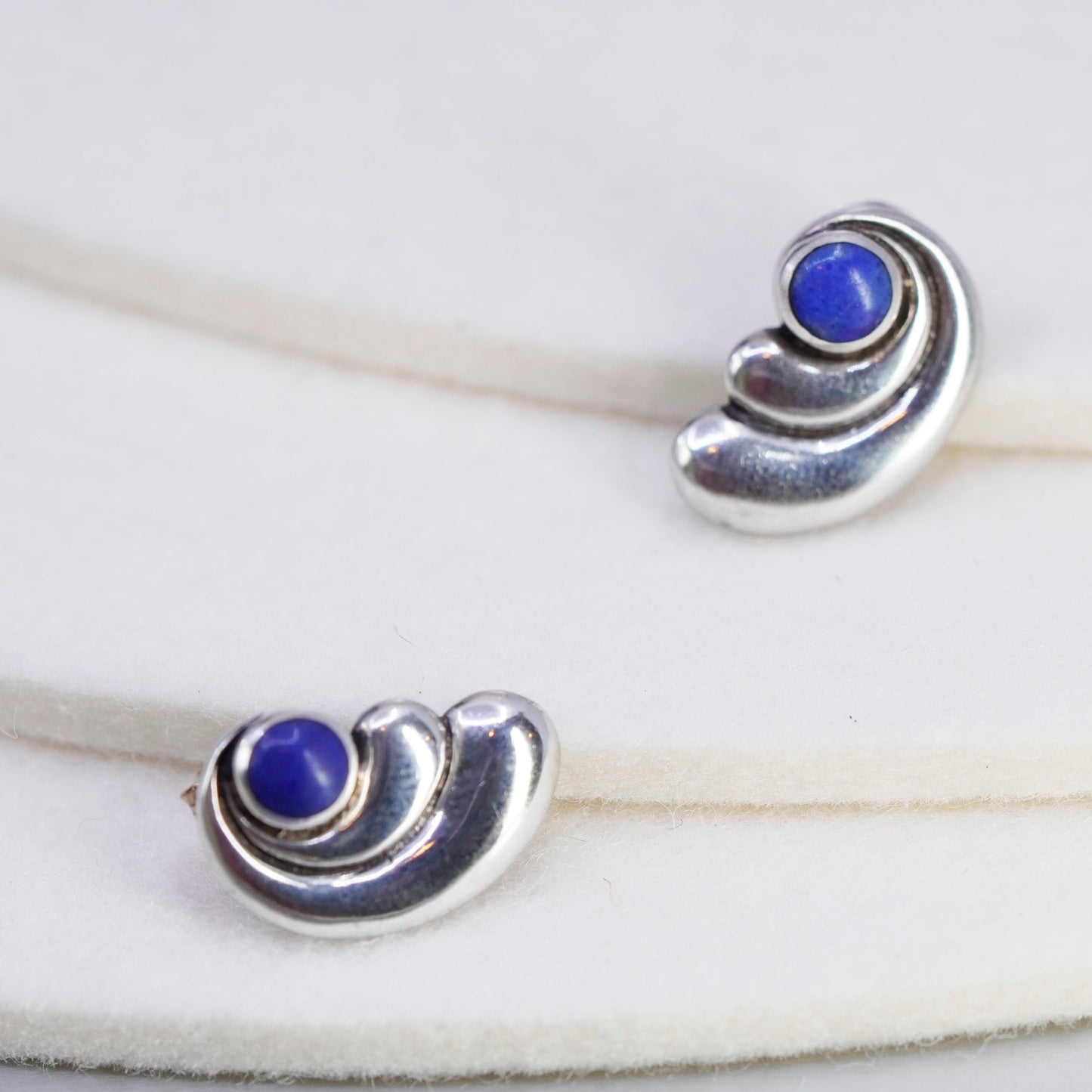 Vintage Sterling 925 silver handmade earrings, wings studs with denim lapis