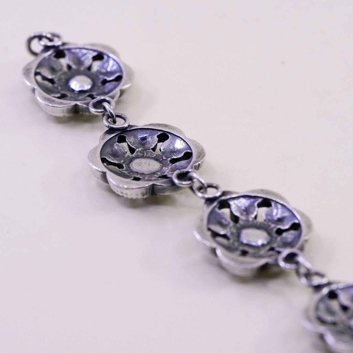 6.5”, vintage sterling 925 silver handmade bracelet, knotted floral pink chain