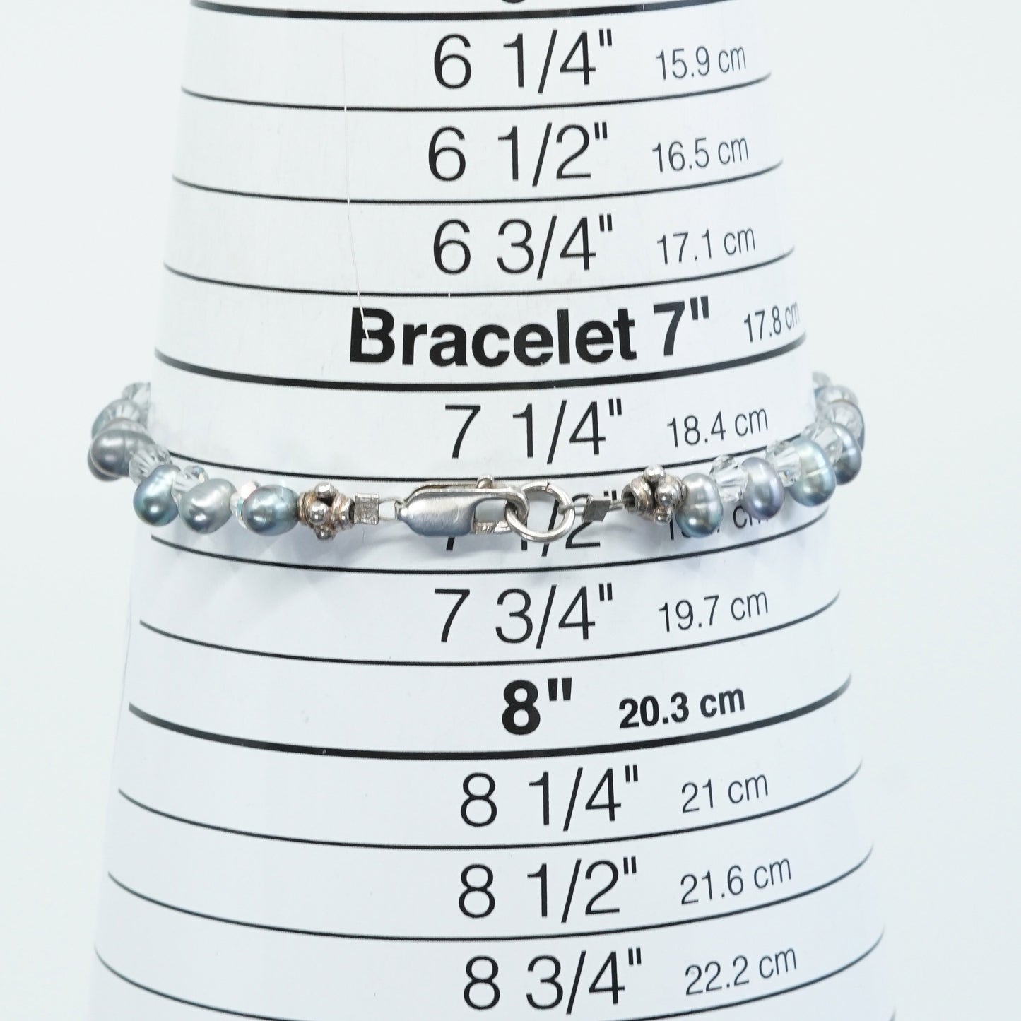 7.5", Sterling silver handmade bracelet, 925 clasp w/ pearl N crystal beads