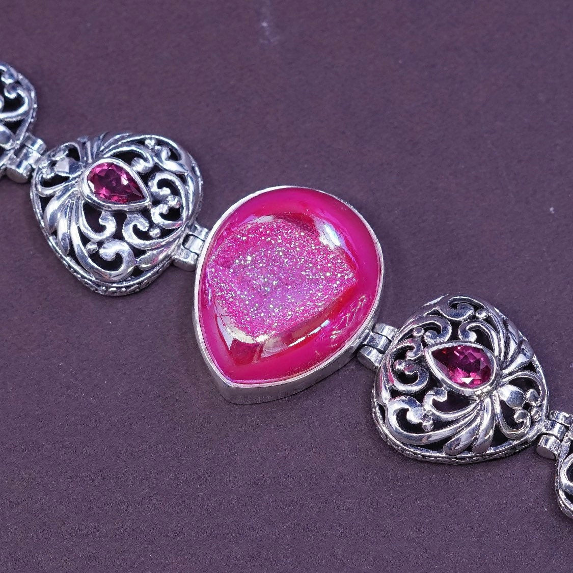 6.5"+0.5”, Sterling silver handmade bracelet, 925 w/ pink druzy stone n ruby