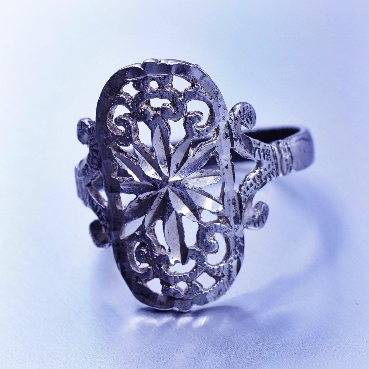 Size 6, vintage Sterling 925 silver handmade ring, filigree snowflake band