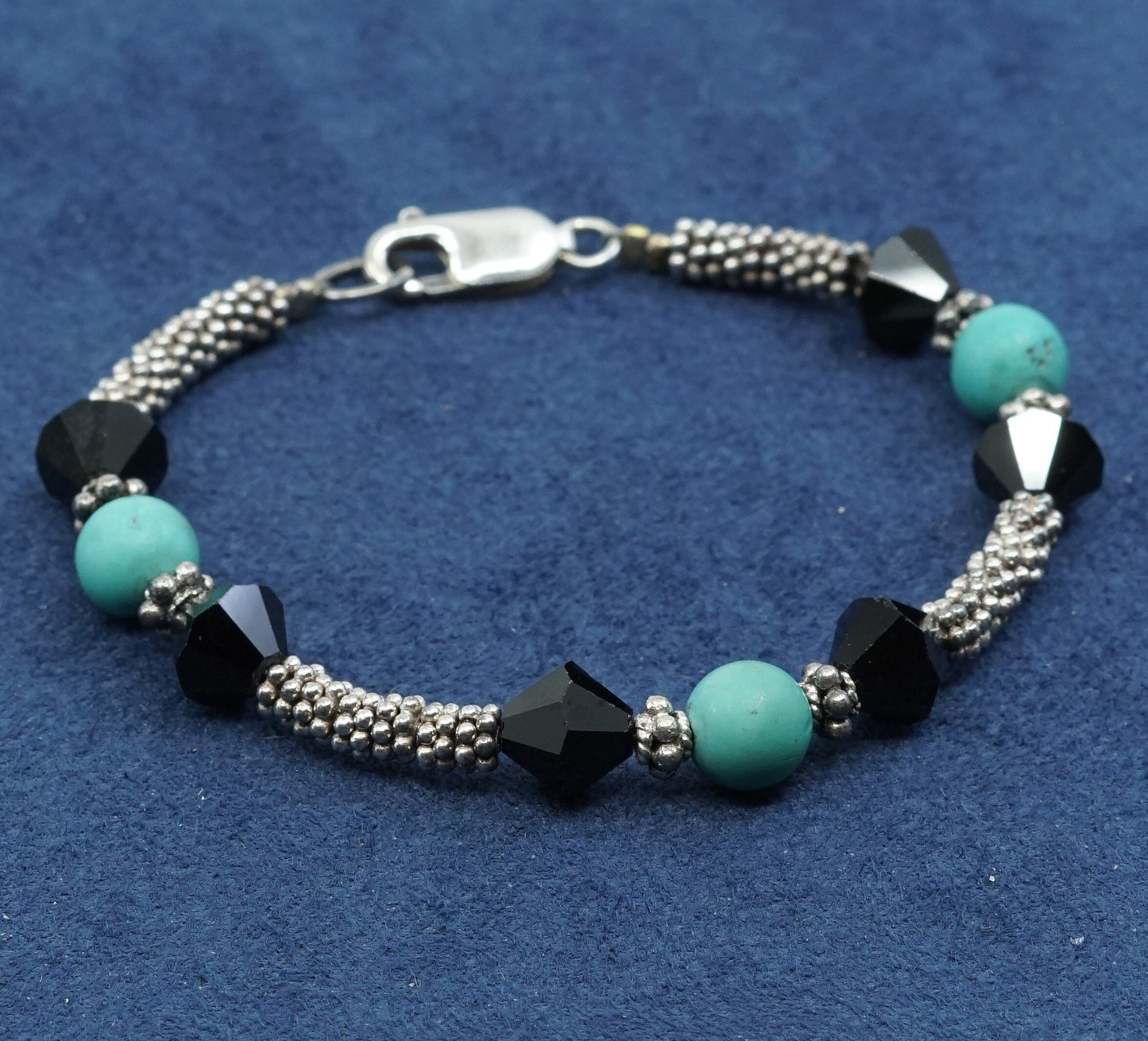 6.25”, vtg sterling 925 silver handmade bracelet w/ turquoise N obsidian