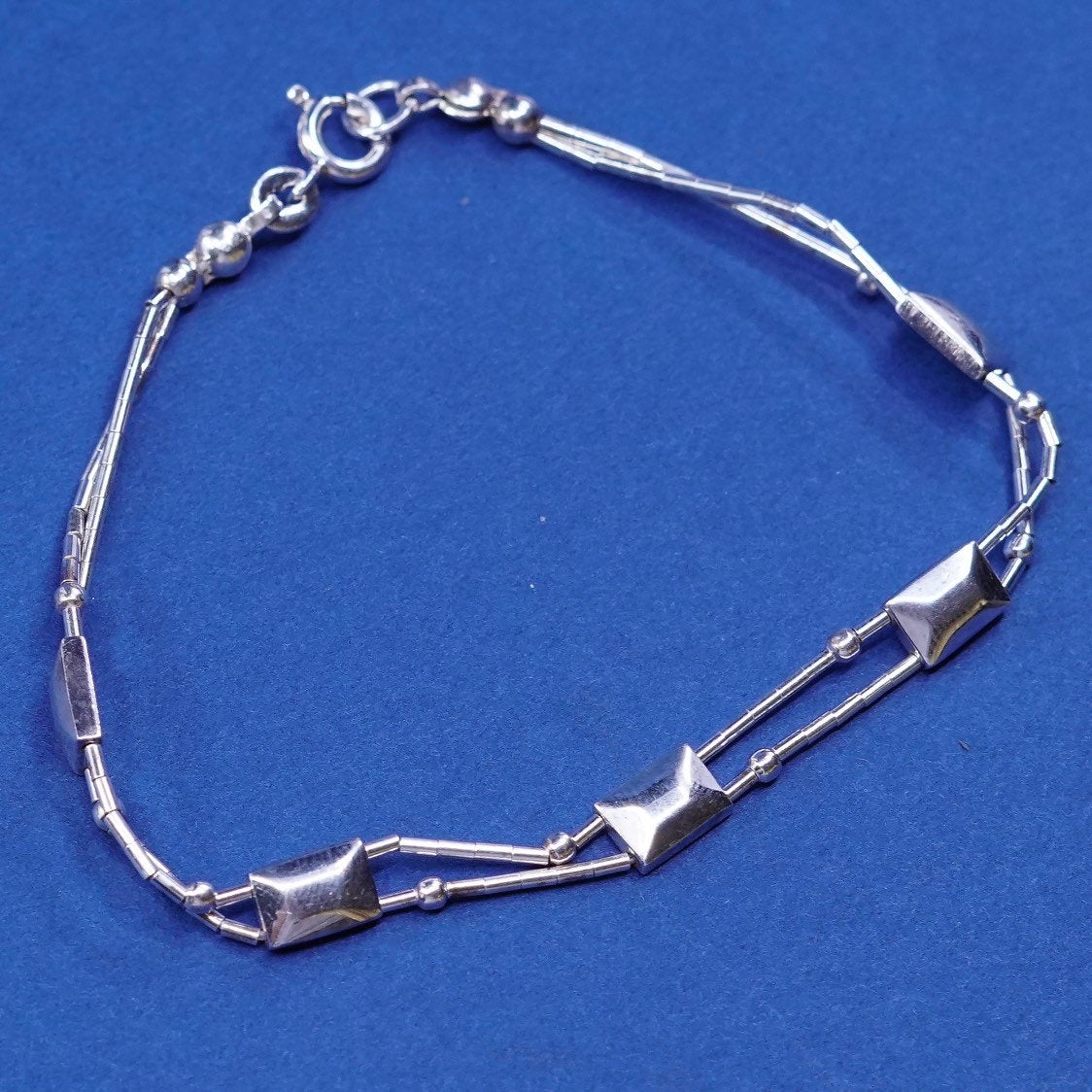 7", vtg sterling handmade bracelet, 925 liquid silver bracelet w/ square
