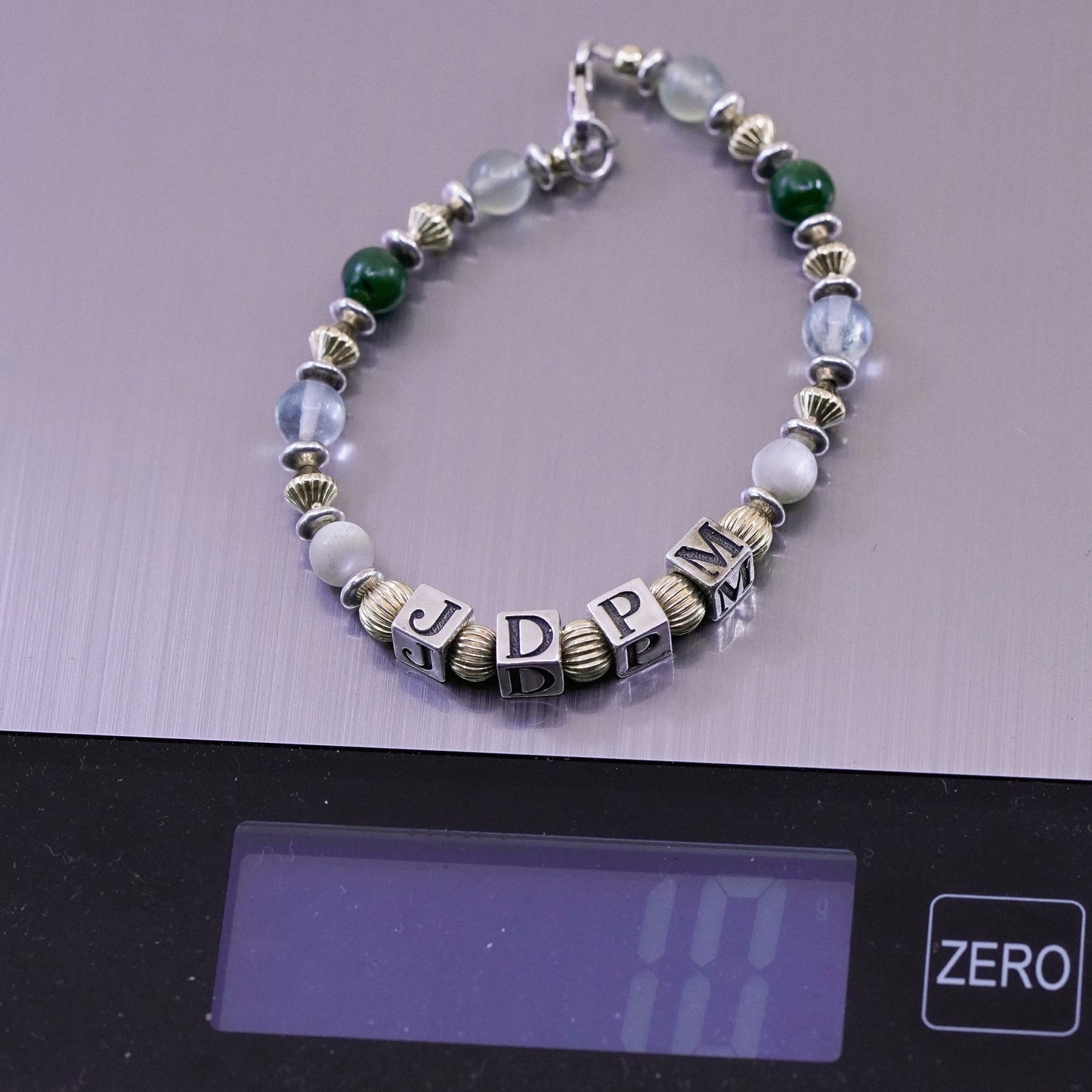 6.5”, 14K gold beads Sterling 925 Silver prehnite jade bracelet “JDPM” cubes