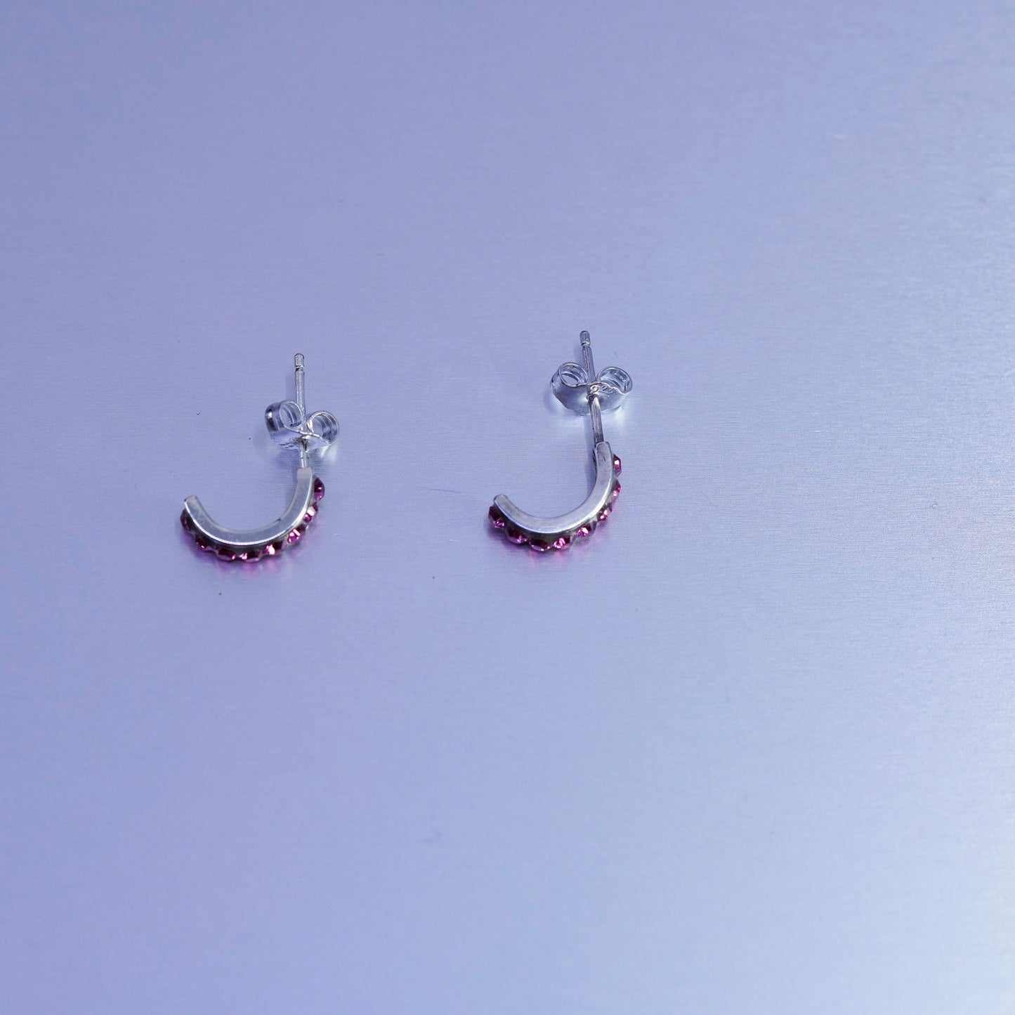 0.5”, vintage Sterling silver handmade earrings, 925 huggie hoops pink crystal