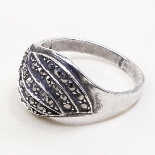 Sz 7, Vtg Sterling Silver Handmade Ring, 925 Silver Band marcasite details