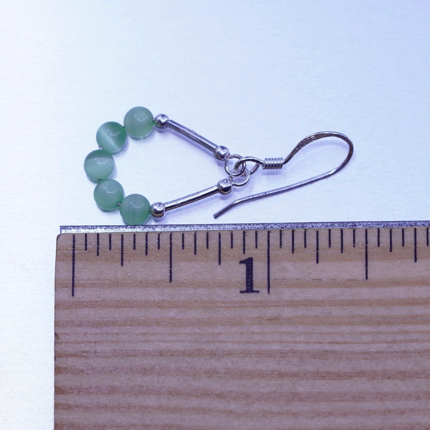 Vintage Sterling 925 silver teardrop earrings with green cats eye beads