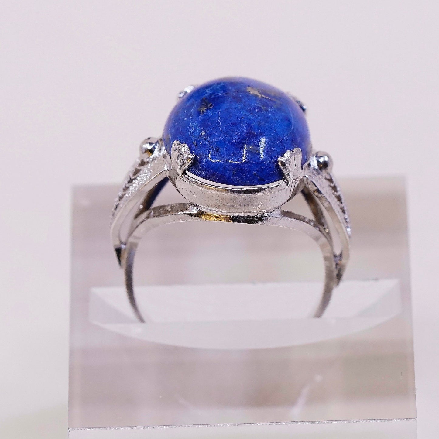 sz 6, vtg sterling silver handmade ring 925 statement ring w/ oval Lapis lazuli
