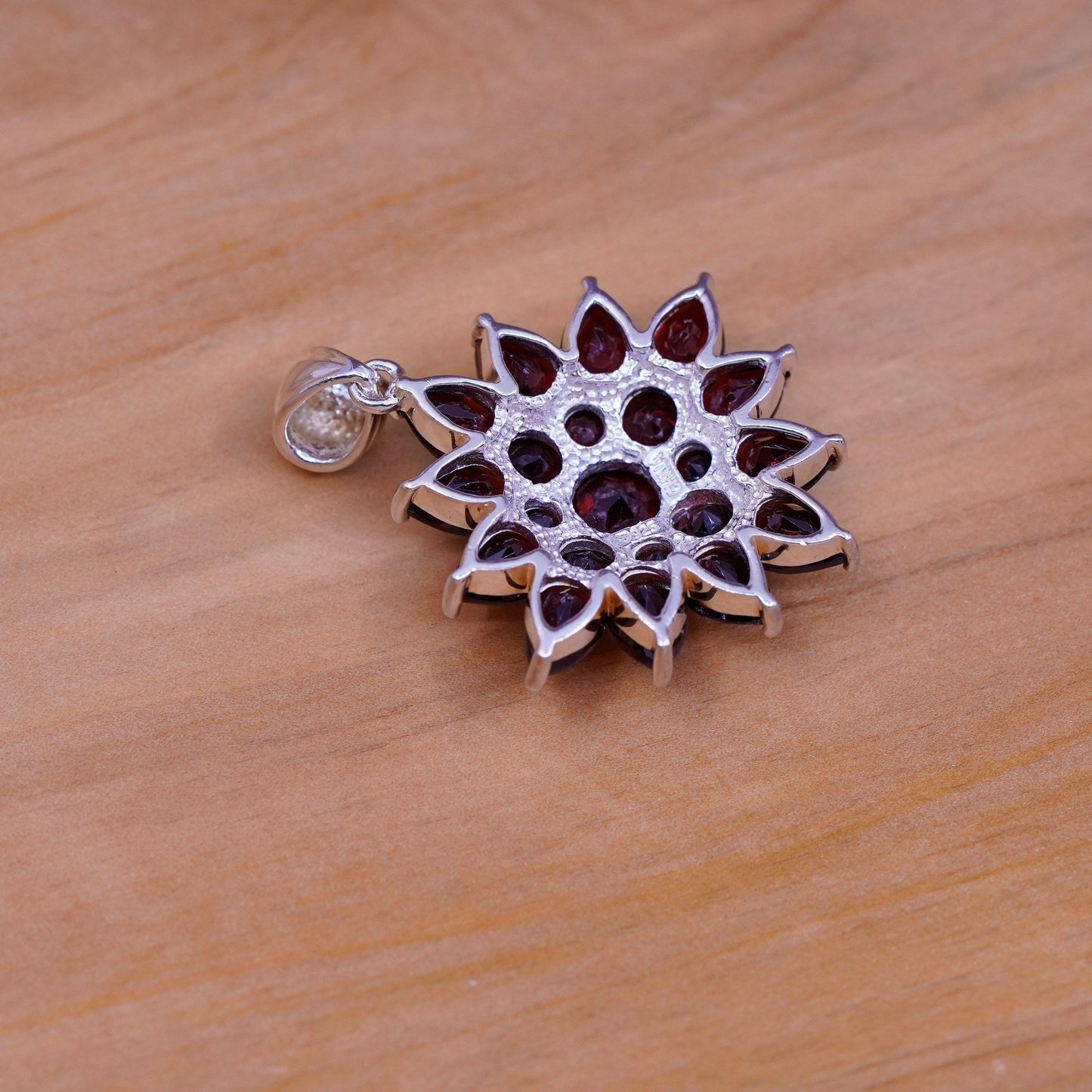 Vintage Sterling 925 silver handmade flower pendant with ruby