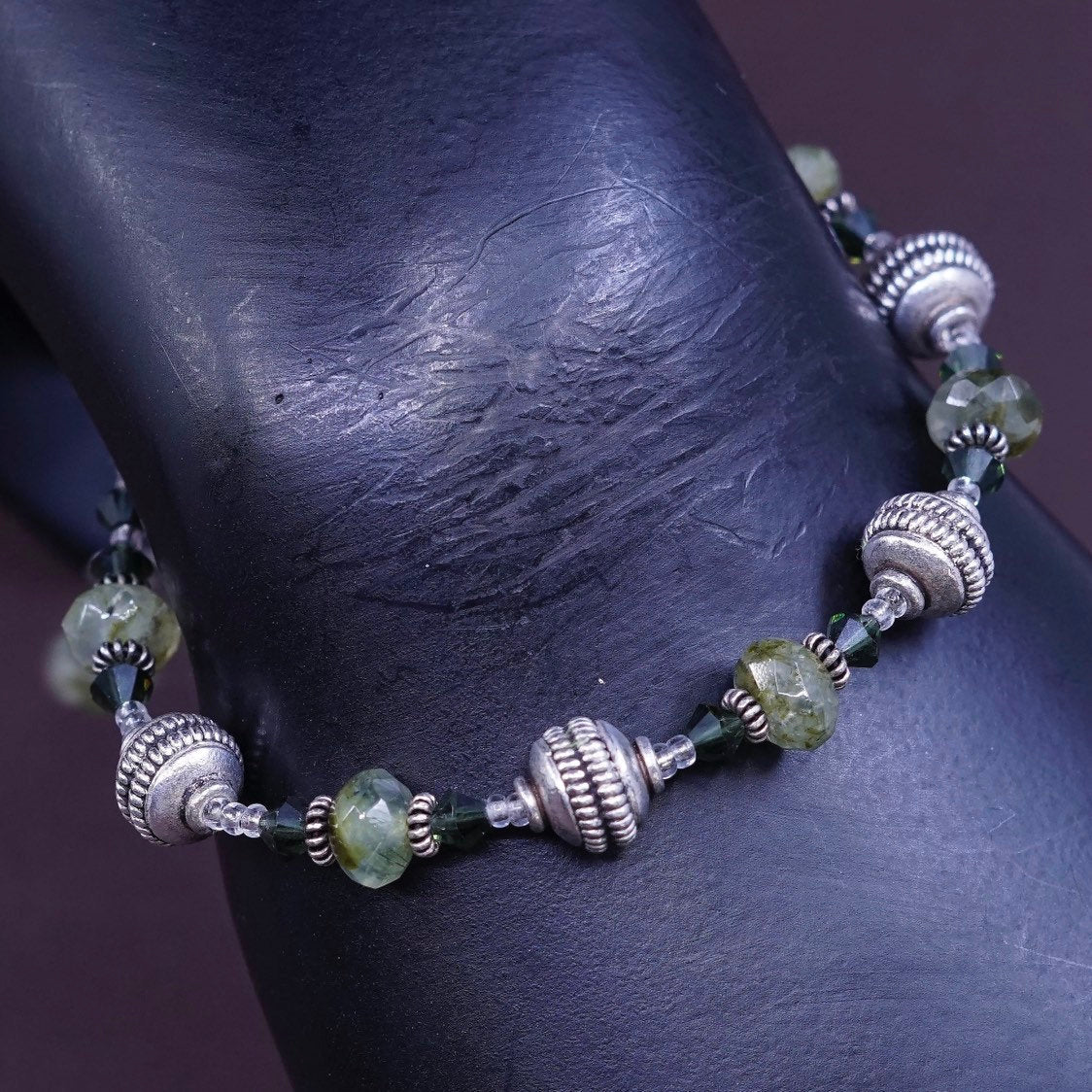 7"+1”, vtg Sterling silver handmade chain, jade beads bracelet