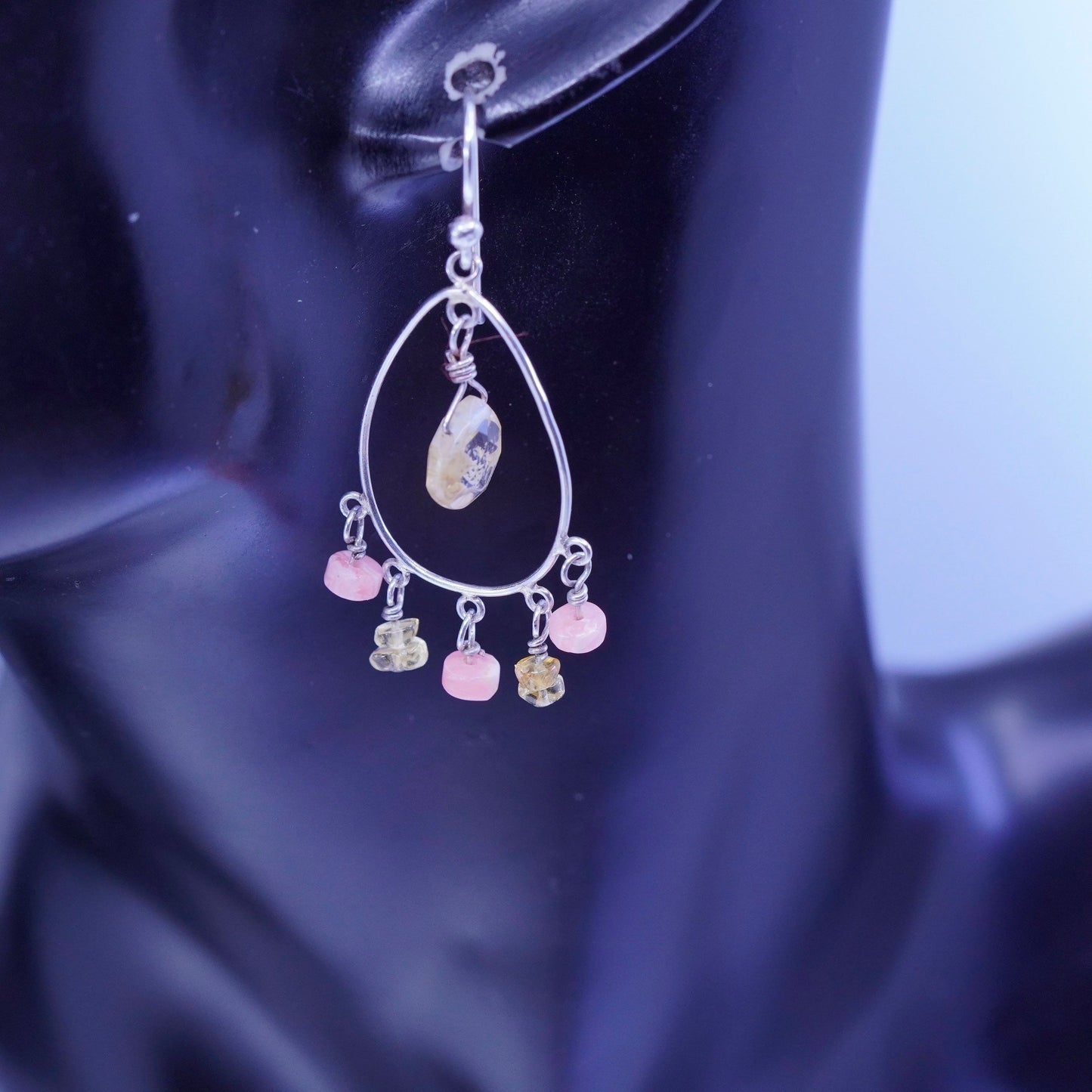 Vintage Sterling 925 silver teardrop earrings with citrine and agate