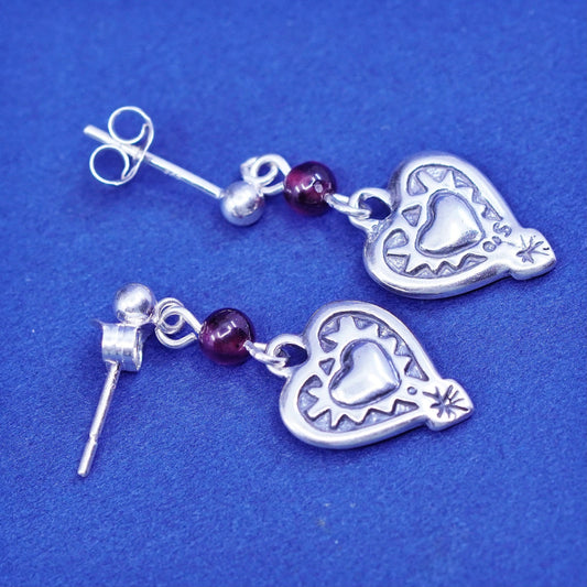Vintage navajo Sterling 925 silver handmade earrings with heart Dangle garnet