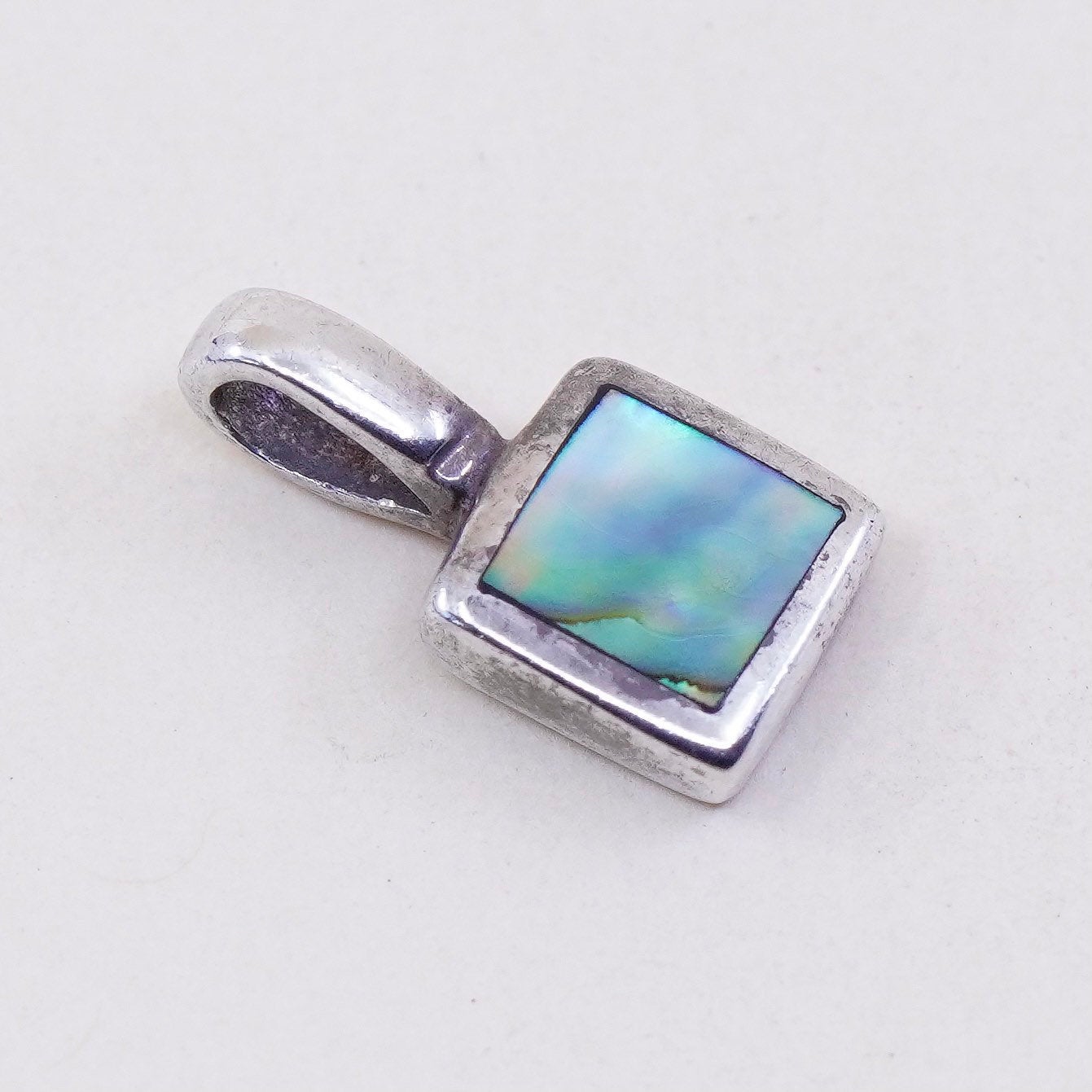 Vintage sterling silver handmade pendant, 925 square with abalone