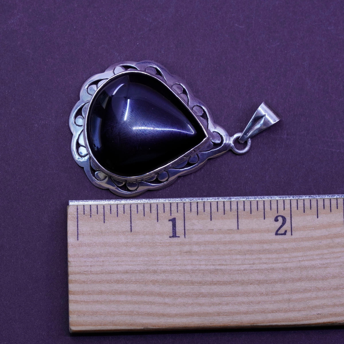 Vintage Sterling 925 silver handmade teardrop pendant with obsidian