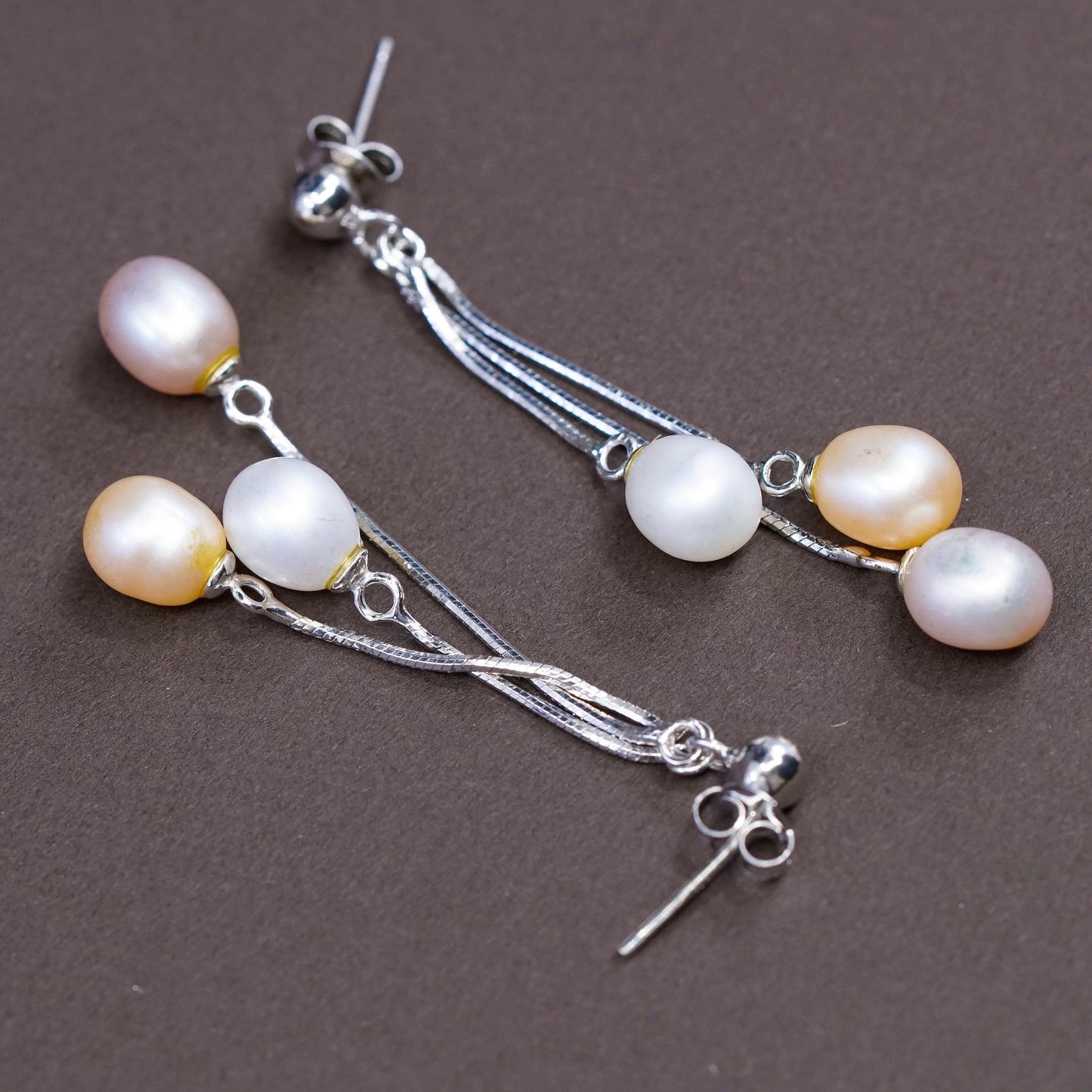Vintage Sterling silver handmade earrings, 925 snake chain with pearl drops