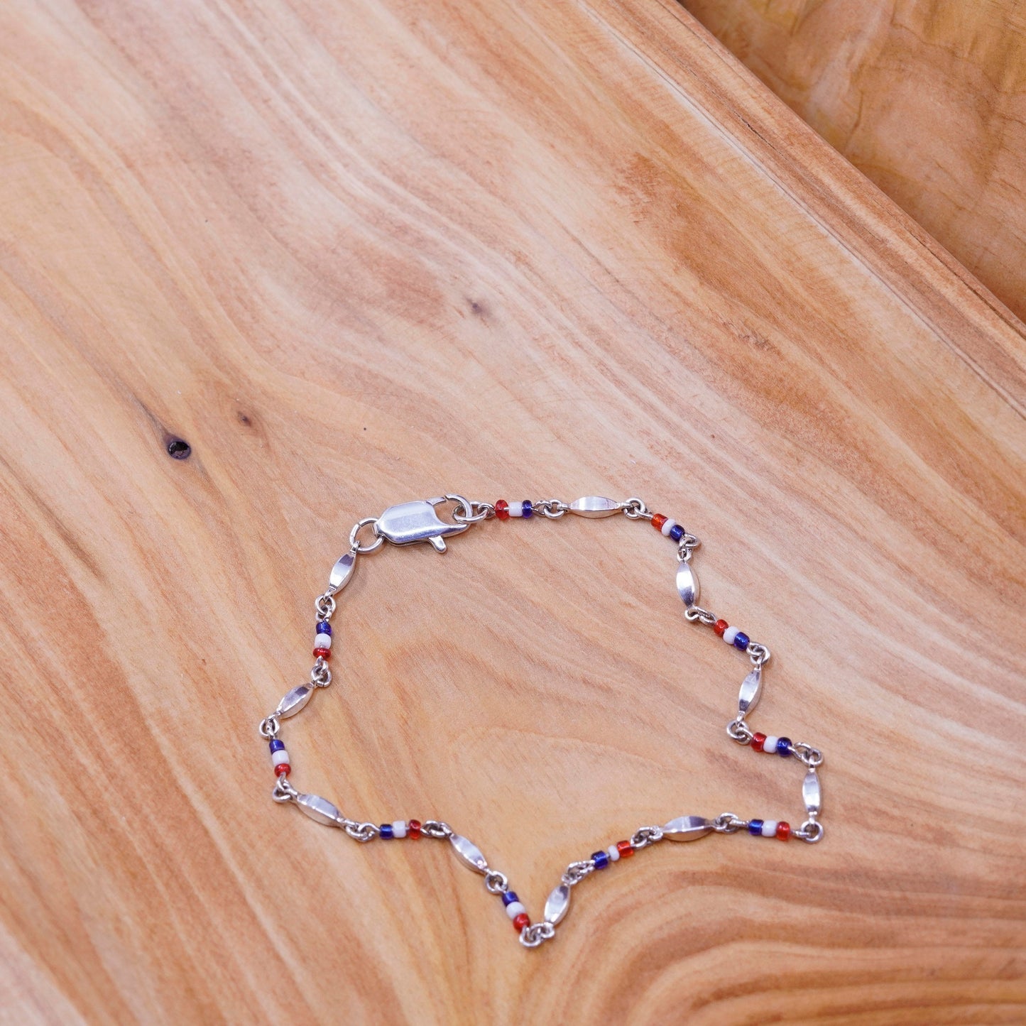 9.25”, vintage Sterling 925 silver handmade bracelet anklet w/ beads and nugget