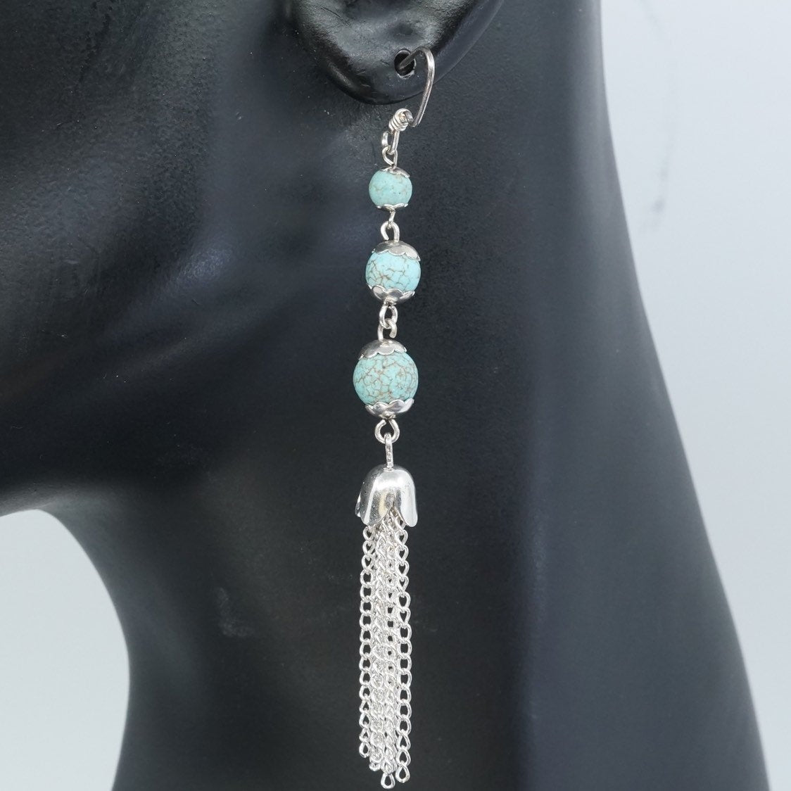 3” long, vtg sterling silver handmade earrings, 925 w/ turquoise beads N fringe