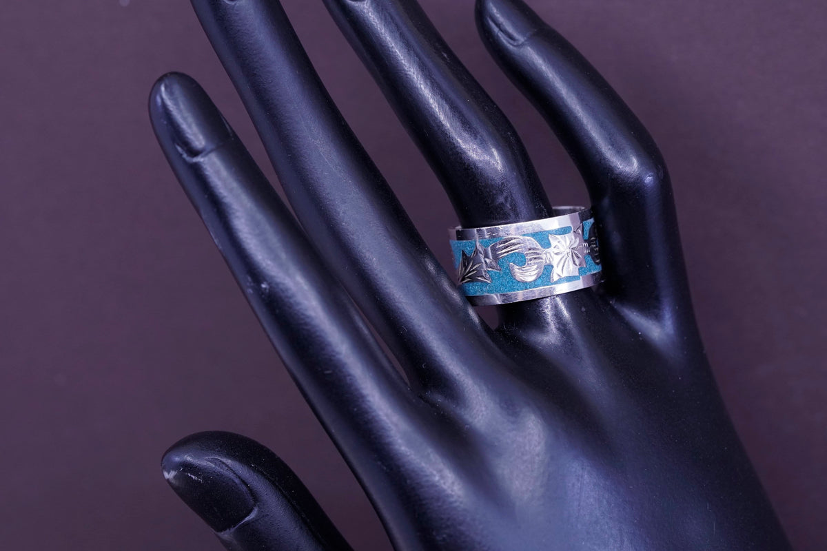 sz 10, Sterling silver ring, Native American, 925 wide band w/ turquoise