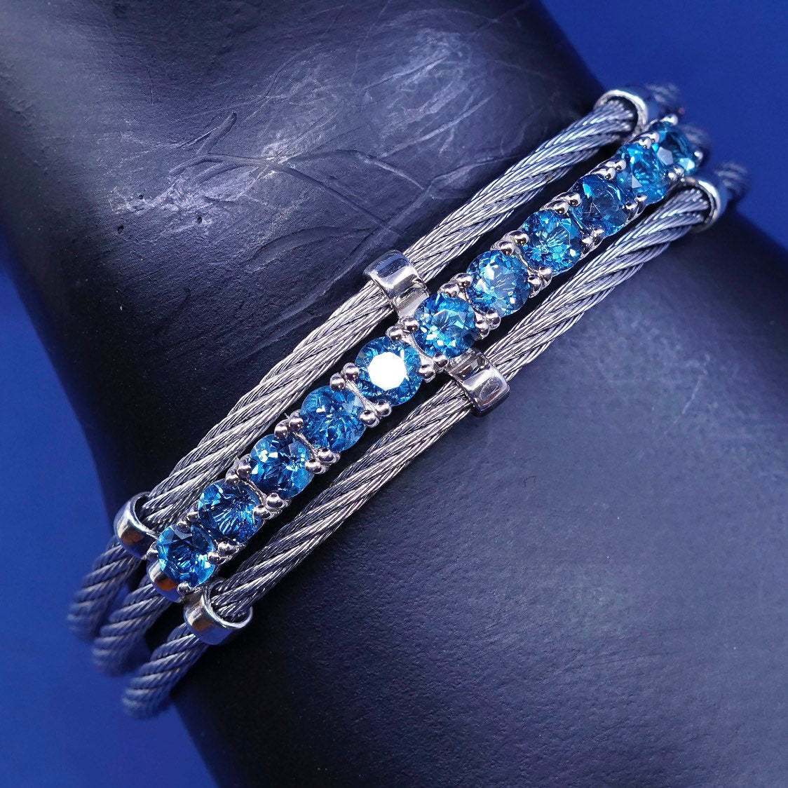 7.5", vtg Sterling silver handmade bracelet, gold over 925 w/ cable N topaz