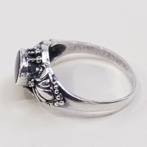 Sz 7.25, Vtg Sterling Silver Handmade Ring, 925 Band W/ Oval obsidian N Beads