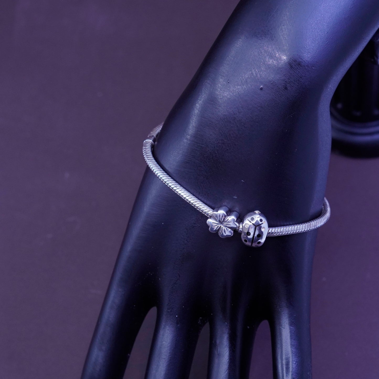 7.25”, Sterling silver snake chain, 925 bracelet w/ lady bug and flower charms