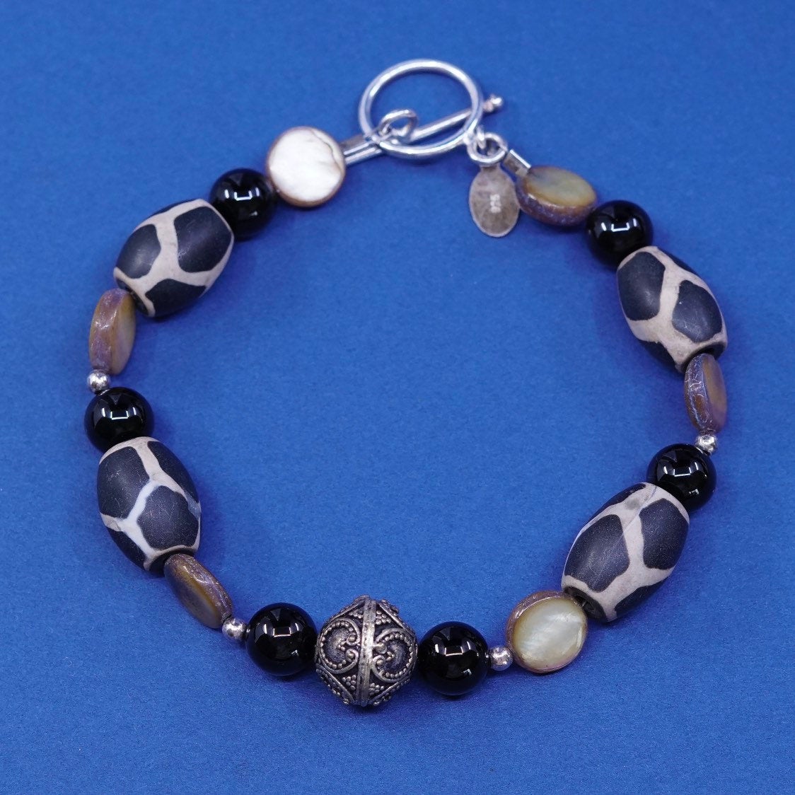 7.75", handmade sterling silver bracelet, 925 toggle w/ nut N obsidian beads