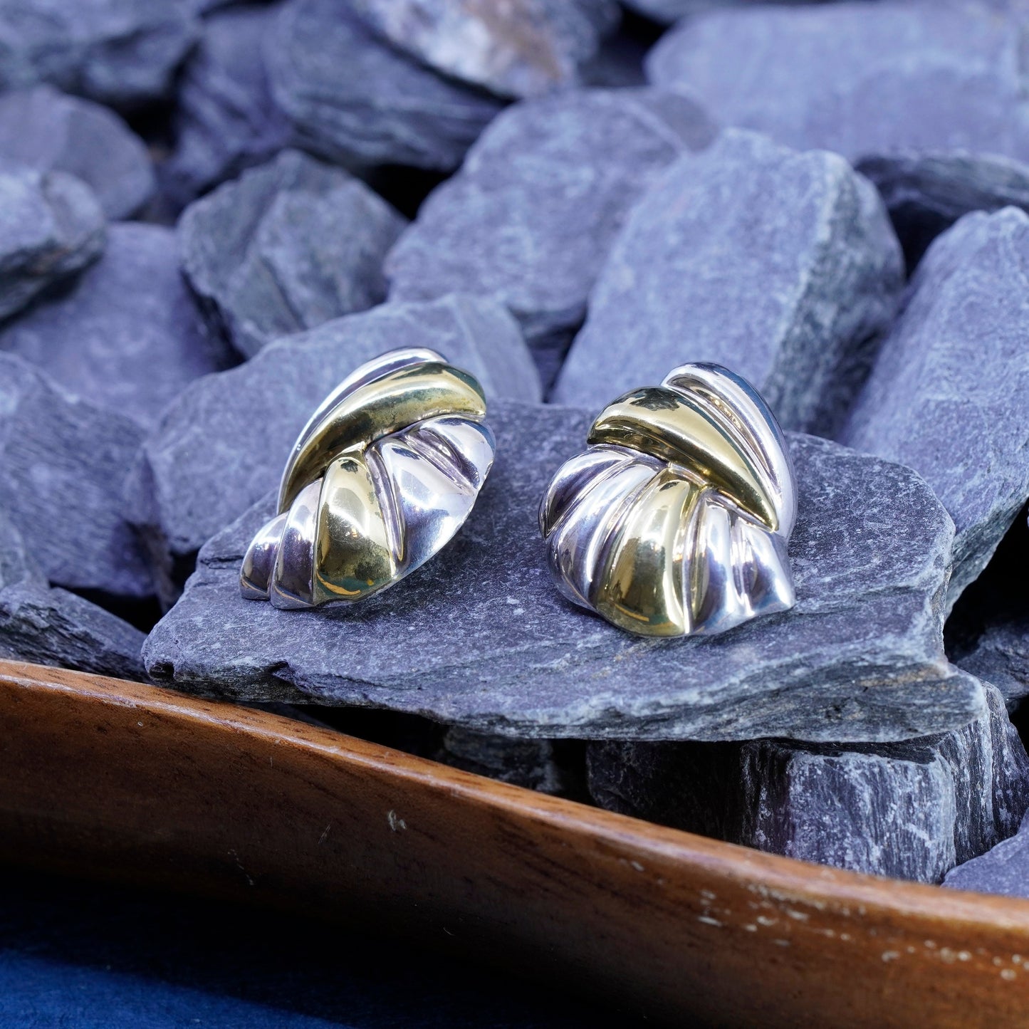 Vintage two tone Sterling silver handmade earrings, mexico 925 ribbed clip on