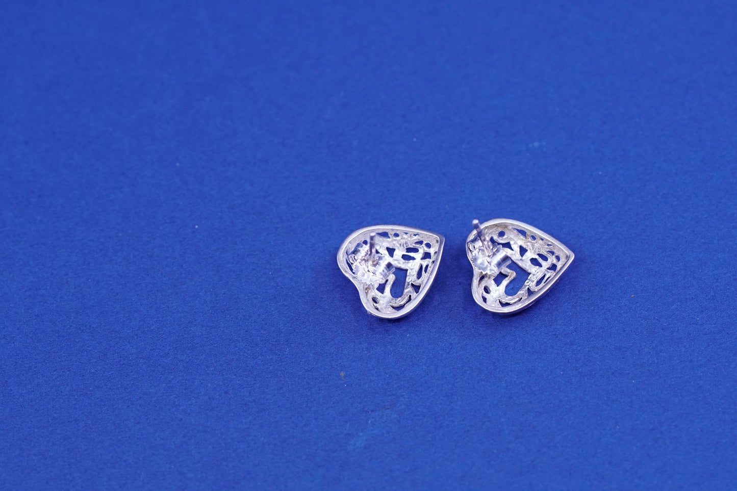 Vintage sterling silver handmade earrings, 925 filigree heart studs