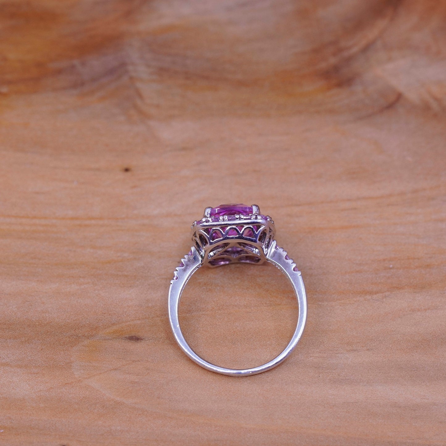 Size 8.5, vintage Sterling 925 silver handmade cocktail ring with pink crystal