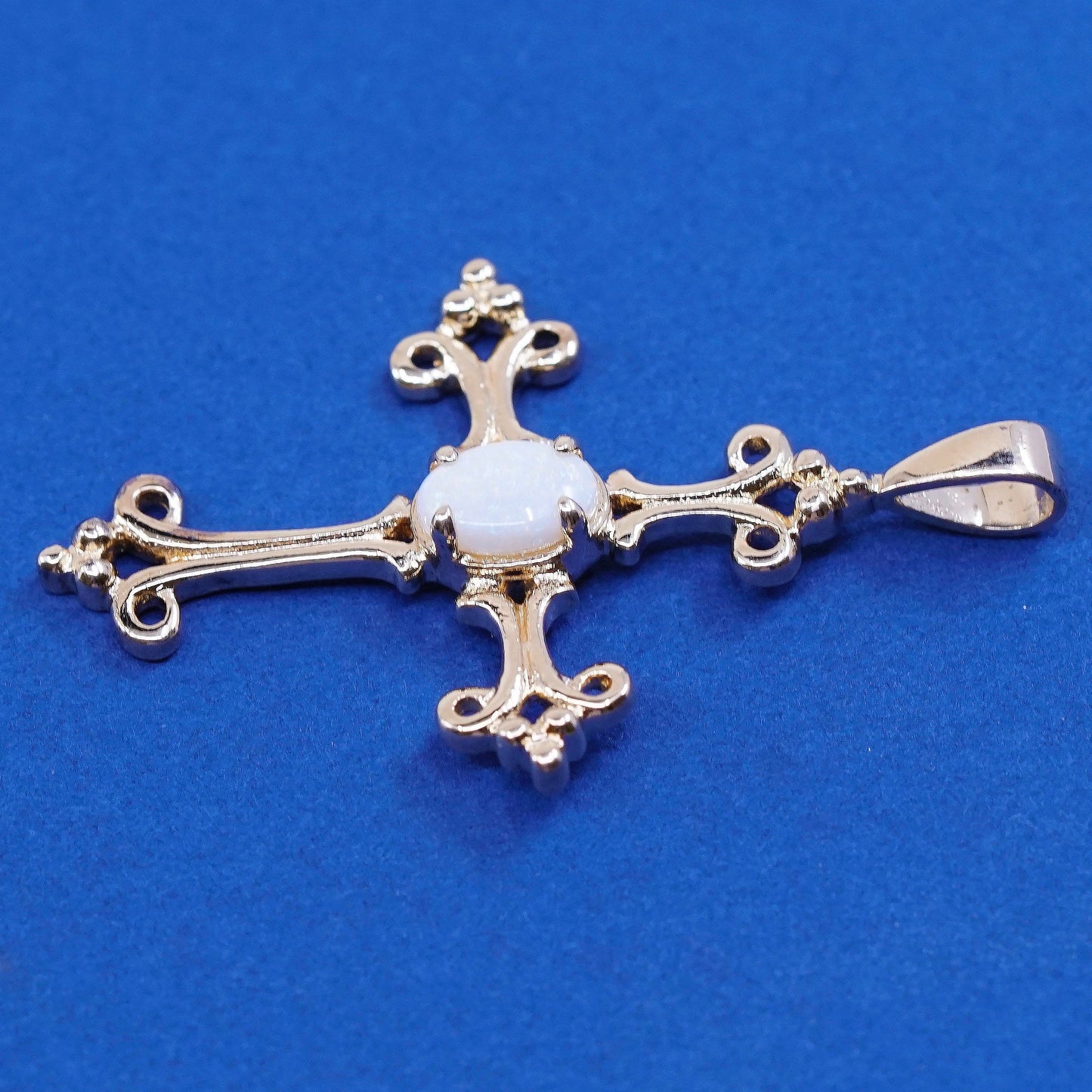 vtg vermeil gold Sterling silver handmade pendant, 925 cross w/ opal