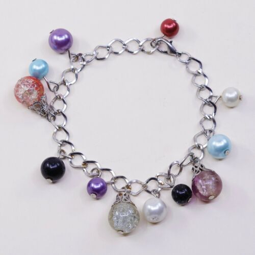 7.25”, Vtg Antique Silver Tone Handmade Bracelet W/ Blue Pear N Foiled Glass