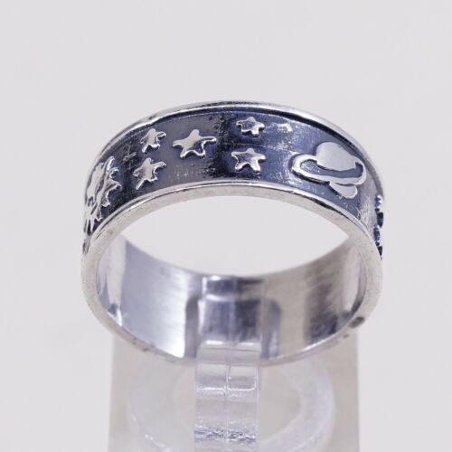 Sz 10, Mexico Sterling Silver Handmade Ring 925 Band Universe Moon Shooting Star