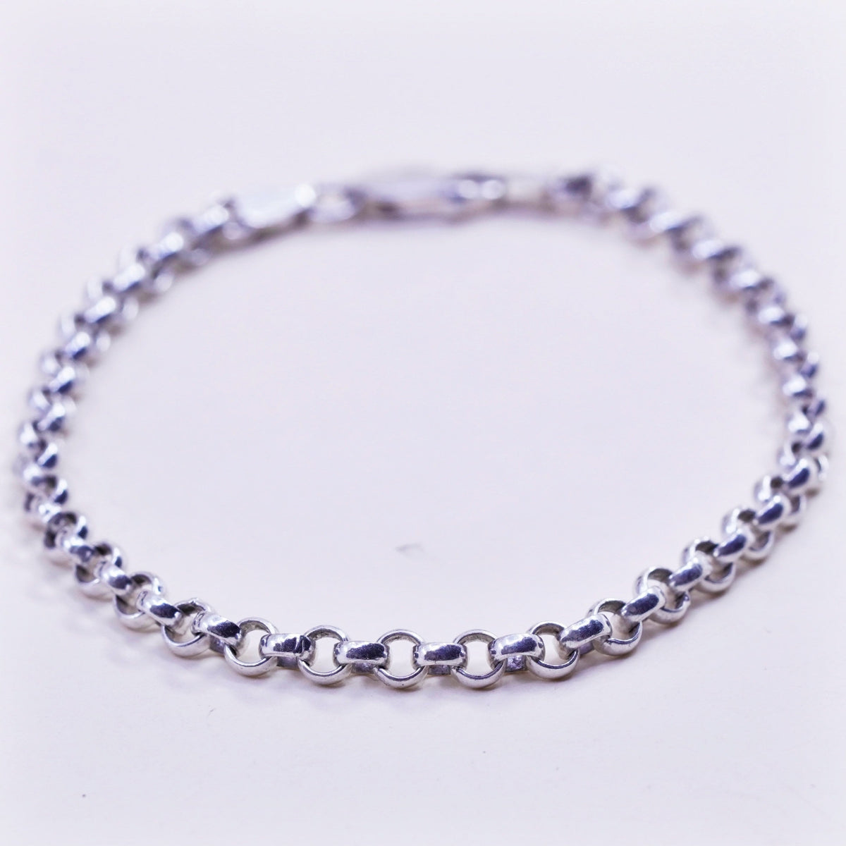 7”, 4mm, Vintage sterling 925 silver circle link charm bracelet