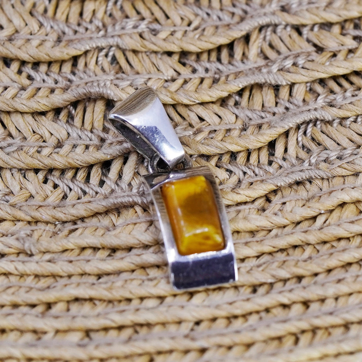 Vintage Sterling 925 silver handmade pendant with rectangular Amber