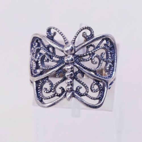 Sz 6.25 Vtg Sterling Silver Handmade Ring, 925 Silver Band W/ Filigree Butterfly