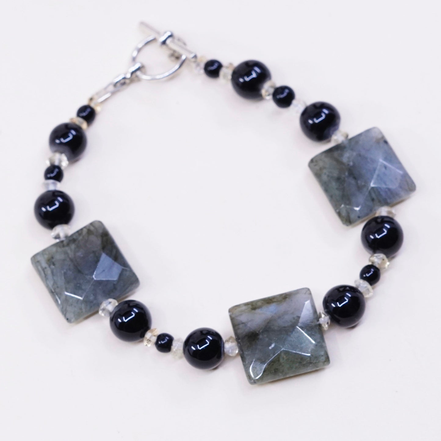7”, Vintage handmade bracelet with square labradorite and obsidian