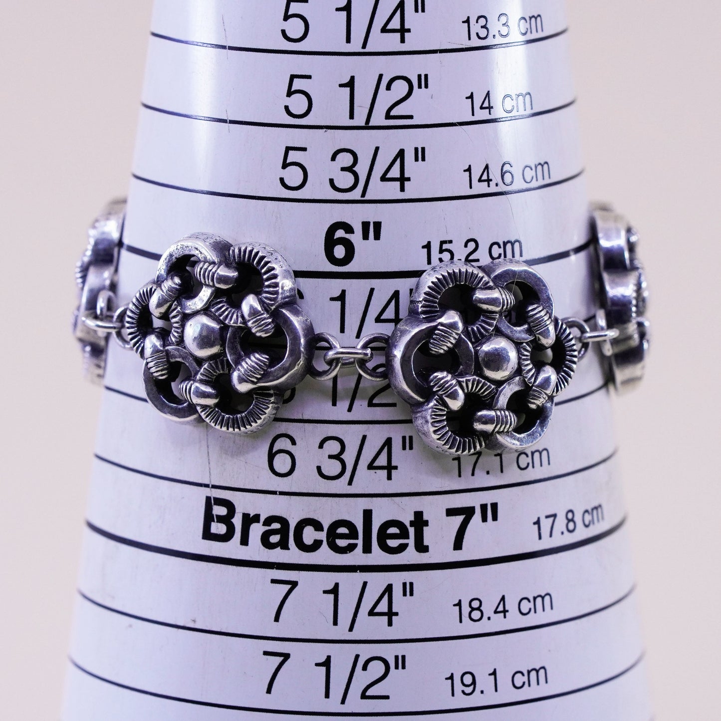 6.5”, vintage sterling 925 silver handmade bracelet, knotted floral pink chain