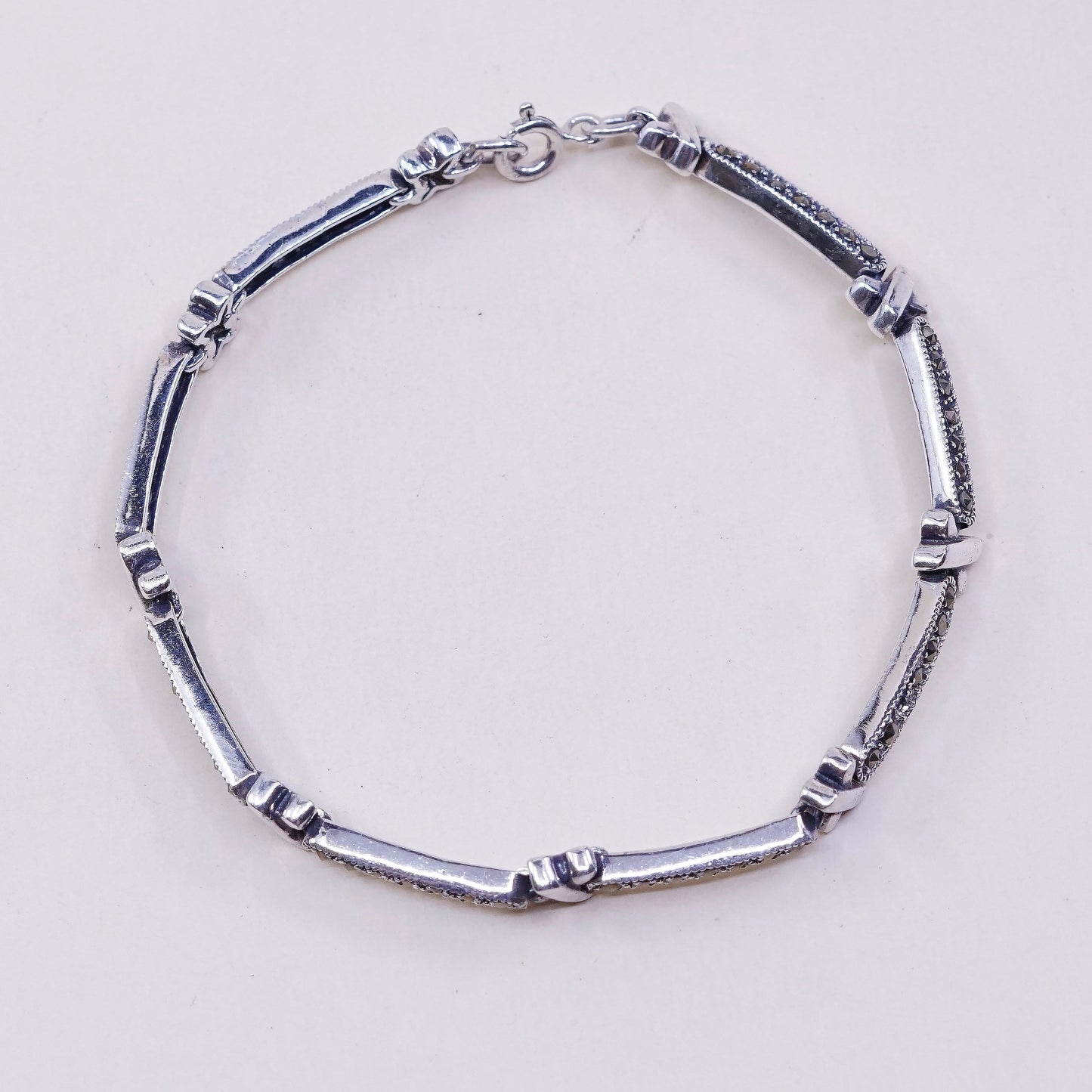7.5”, VTG sterling silver handmade tennis bracelet, fine 925 w/ marcasite