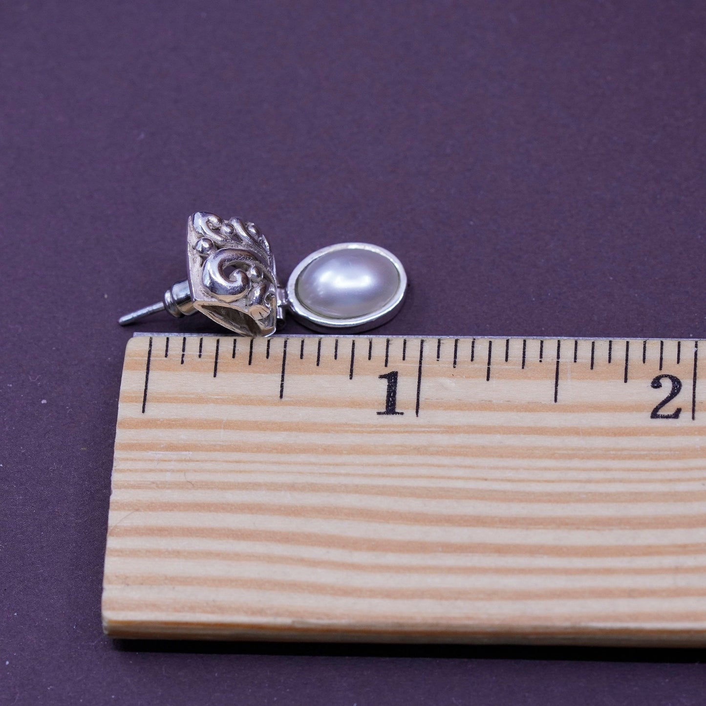 Sterling silver earrings, 925 studs with freshwater pearl drop and filigree