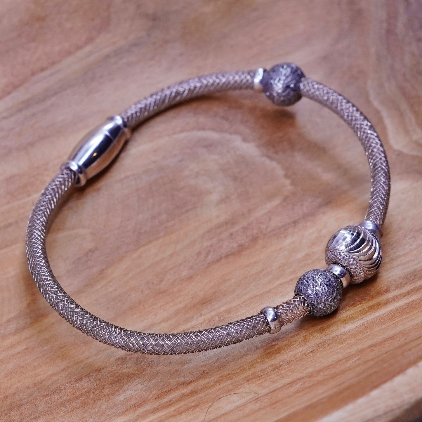 6.75”, vtg Italy Sterling silver handmade bracelet, 925 bangle beads metallic