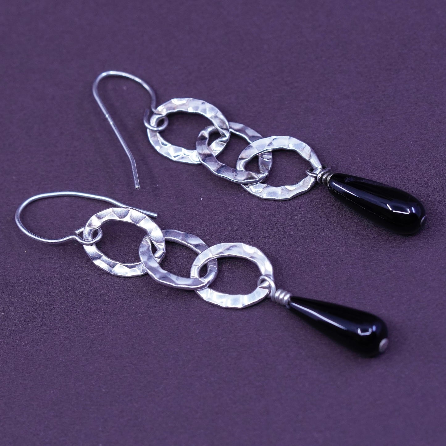 shube Sterling silver handmade earrings, 925 oval linen with teardrop obsidian