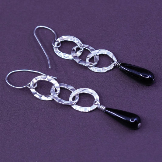 shube Sterling silver handmade earrings, 925 oval linen with teardrop obsidian