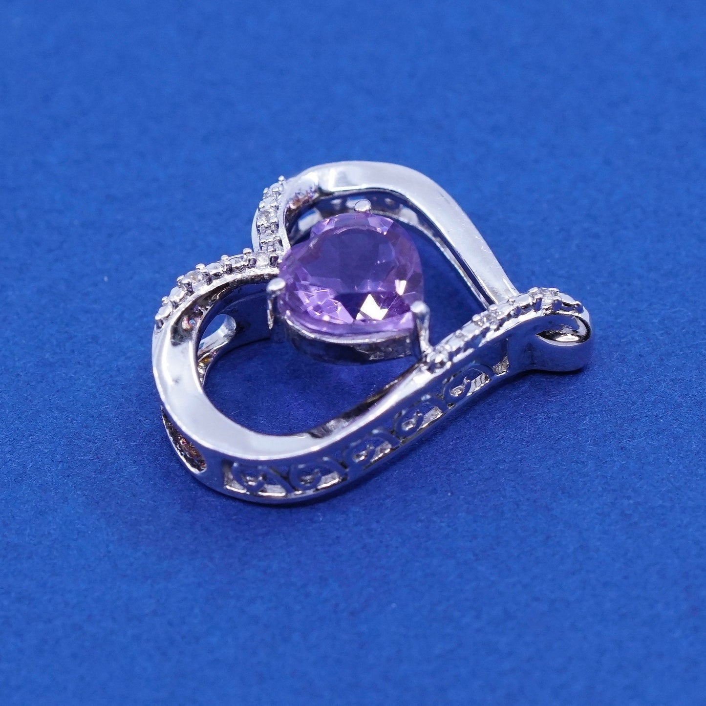 vtg JEBR Sterling silver handmade pedant, 925 heart with amethyst and diamond