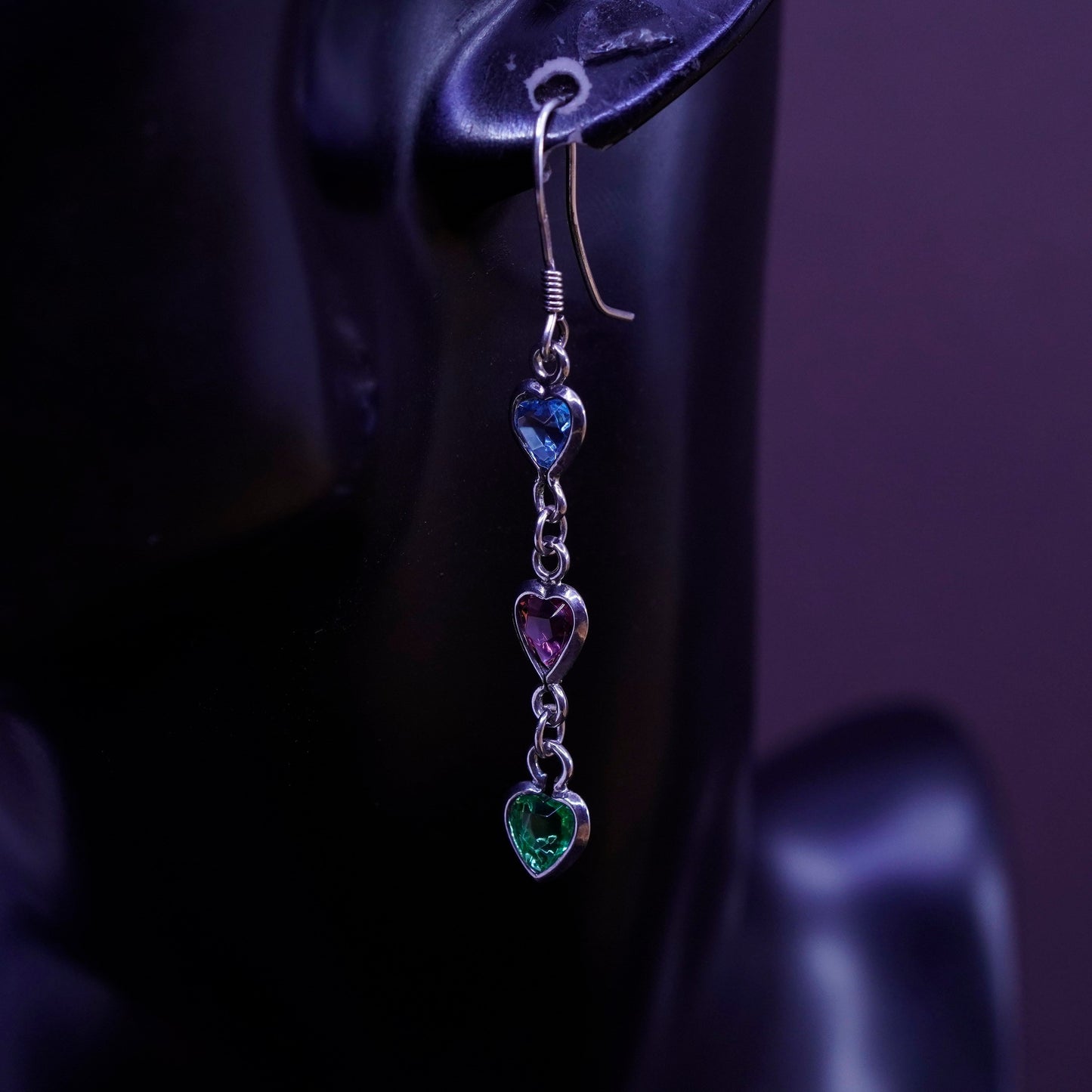Vintage Sterling silver handmade earrings, 925 heart cz drops