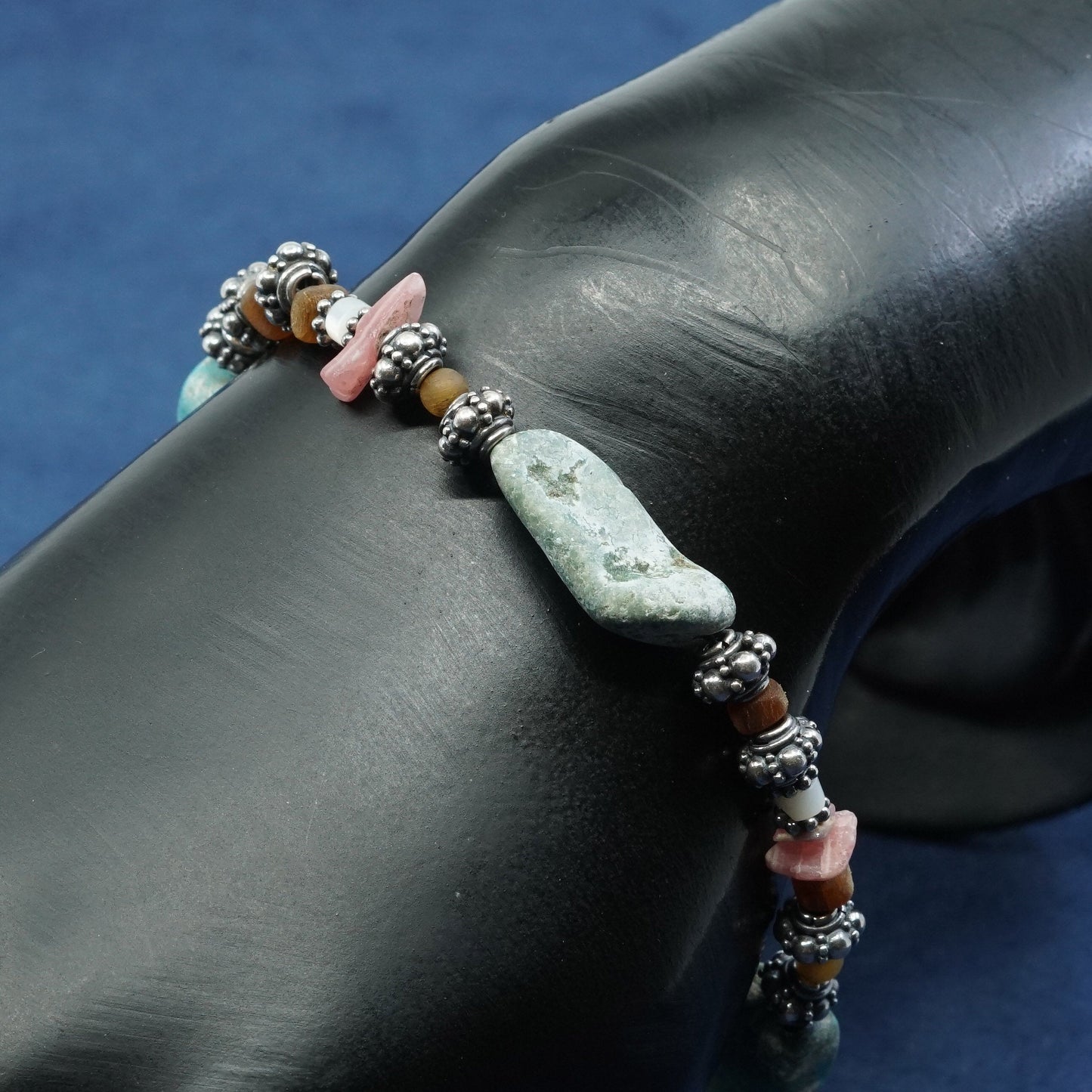 7.5”+1”, vtg sterling silver handmade bracelet, 925 w/ turquoise N coral beads