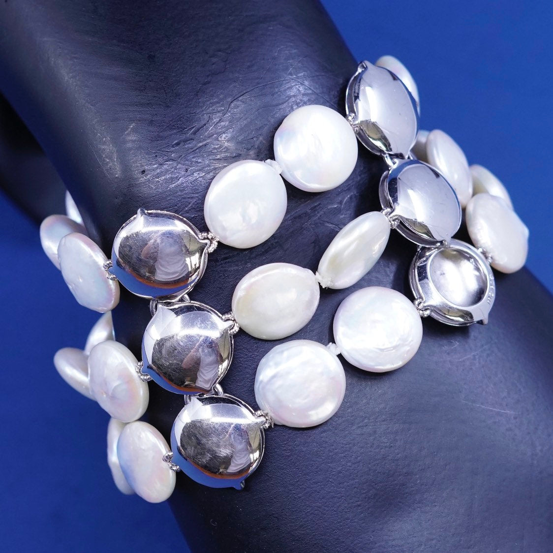 6.25" sterling silver handmade bracelet, flatten circle pearl beads N 925 discs