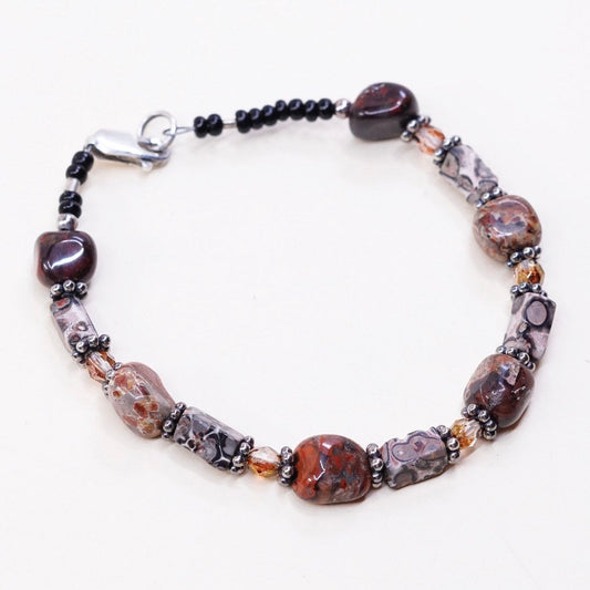 7", handmade vintage Jasper beads bracelet, with Sterling silver closure